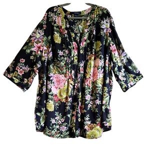 Denim 24/7 Cottagecore Floral Pin Tuck Button Front Tunic 32W 100% Cotton